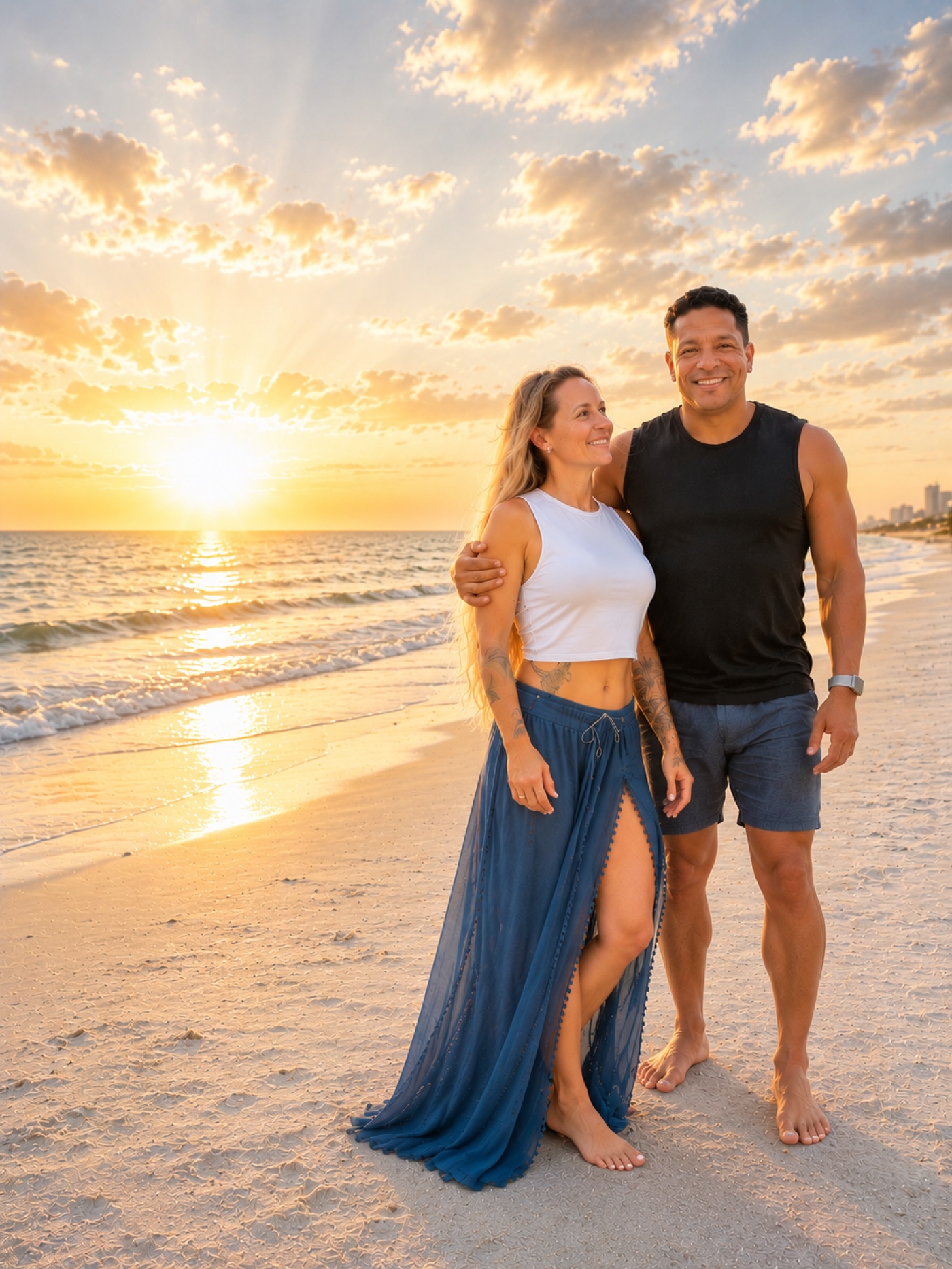 Sunward founders Mellissa and Pedro standing together on a beach at golden hour